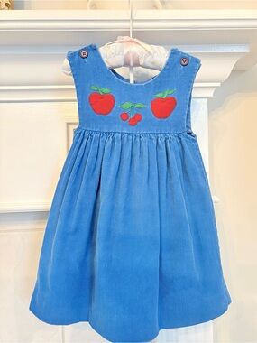 Blue Corduroy Apple Embroidered Girls' Dress